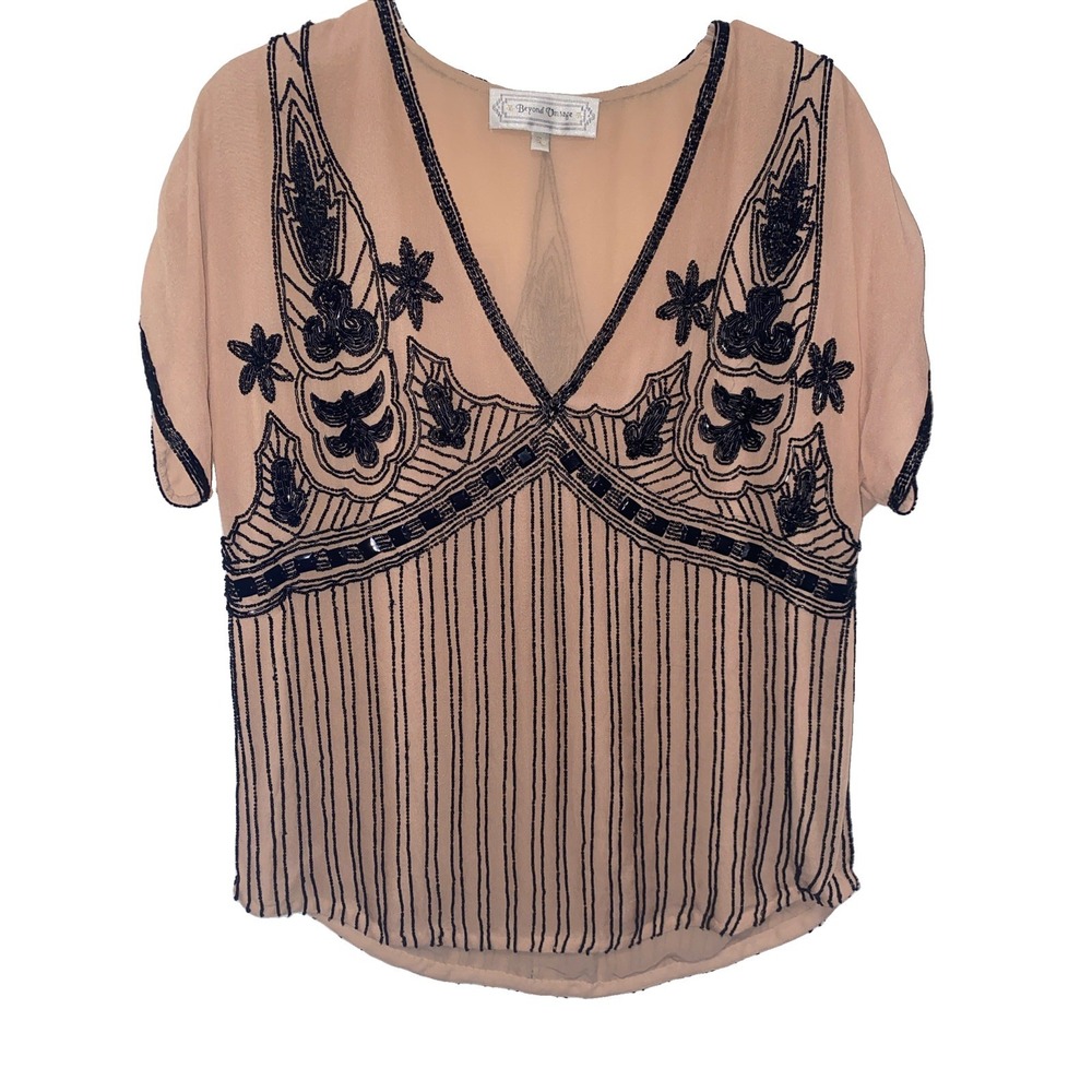 BEYOND VINTAGE Womens Black Beaded Nude Blouse Size Large RARE 1920's Art Deco